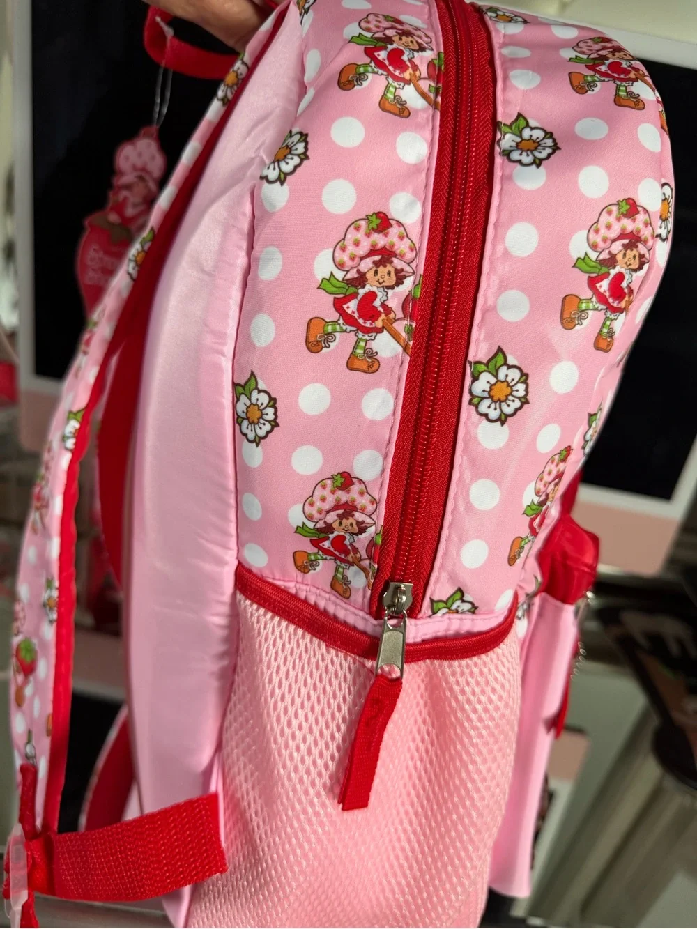 Strawberry Shortcake Pink Polka Dot Backpack 16in H 12in W